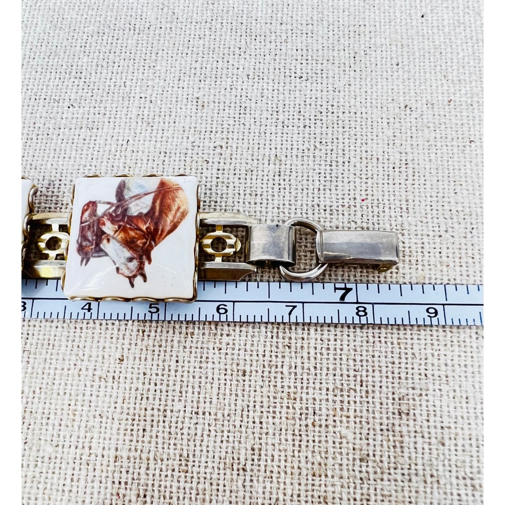 Vintage Equestrian Horse Portrait Porcelain Tile Link Bracelet Gold Tone 7.5in - Picture 11 of 11